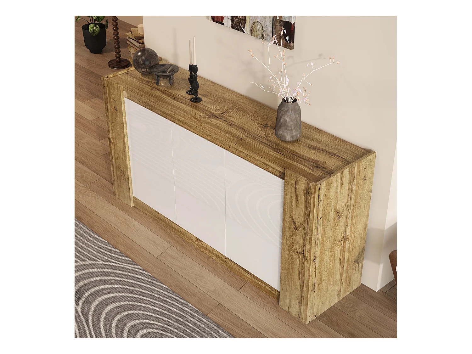 Buffet sans poignées blanc laqué et bois – charnières à fermeture douce et étagères réglables, élégant et pratique pour salon ou salle à manger
