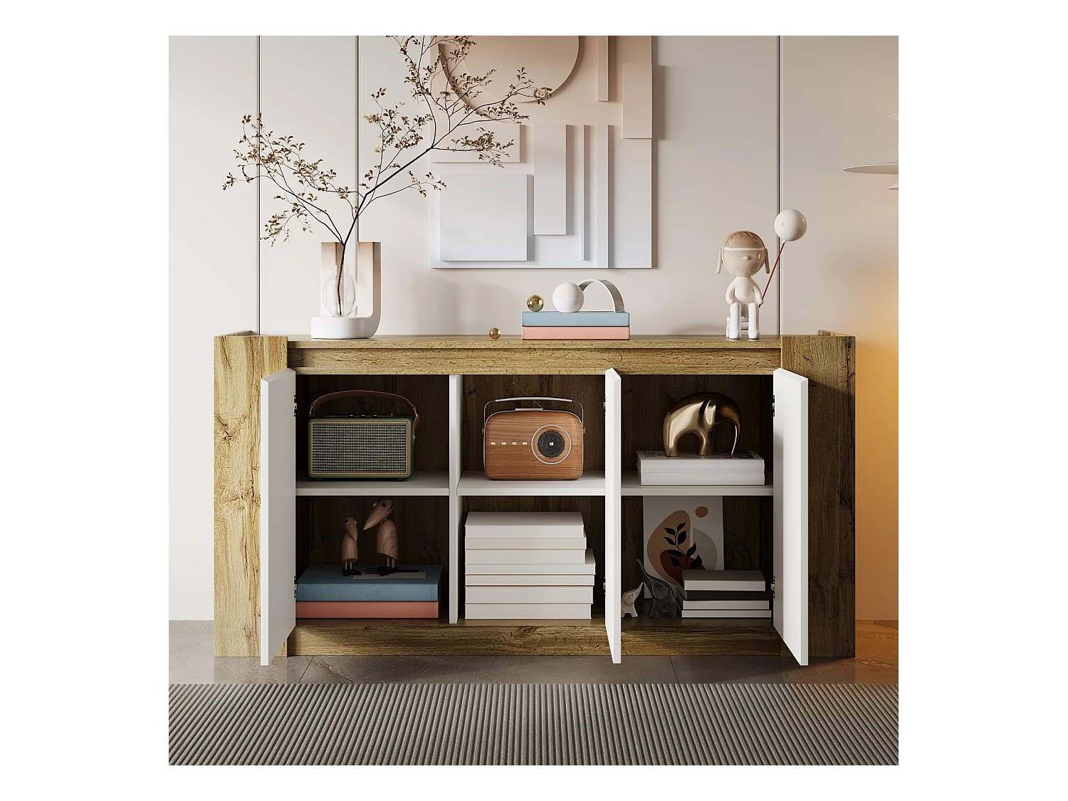 Buffet sans poignées blanc laqué et bois – charnières à fermeture douce et étagères réglables, élégant et pratique pour salon ou salle à manger
