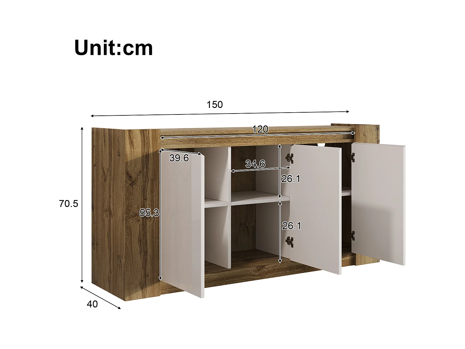 Buffet sans poignées blanc laqué et bois – charnières à fermeture douce et étagères réglables, élégant et pratique pour salon ou salle à manger