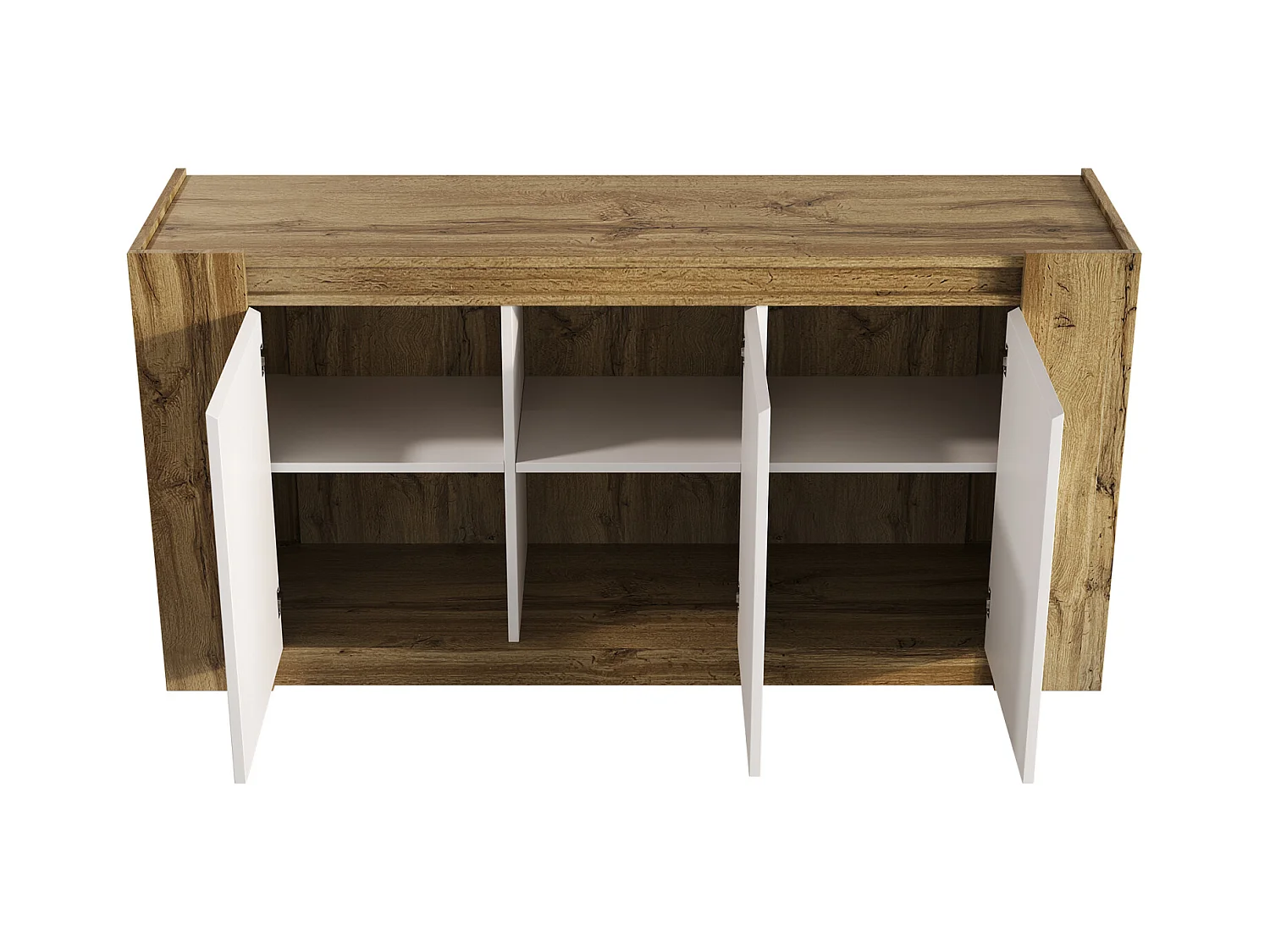 Buffet sans poignées blanc laqué et bois – charnières à fermeture douce et étagères réglables, élégant et pratique pour salon ou salle à manger