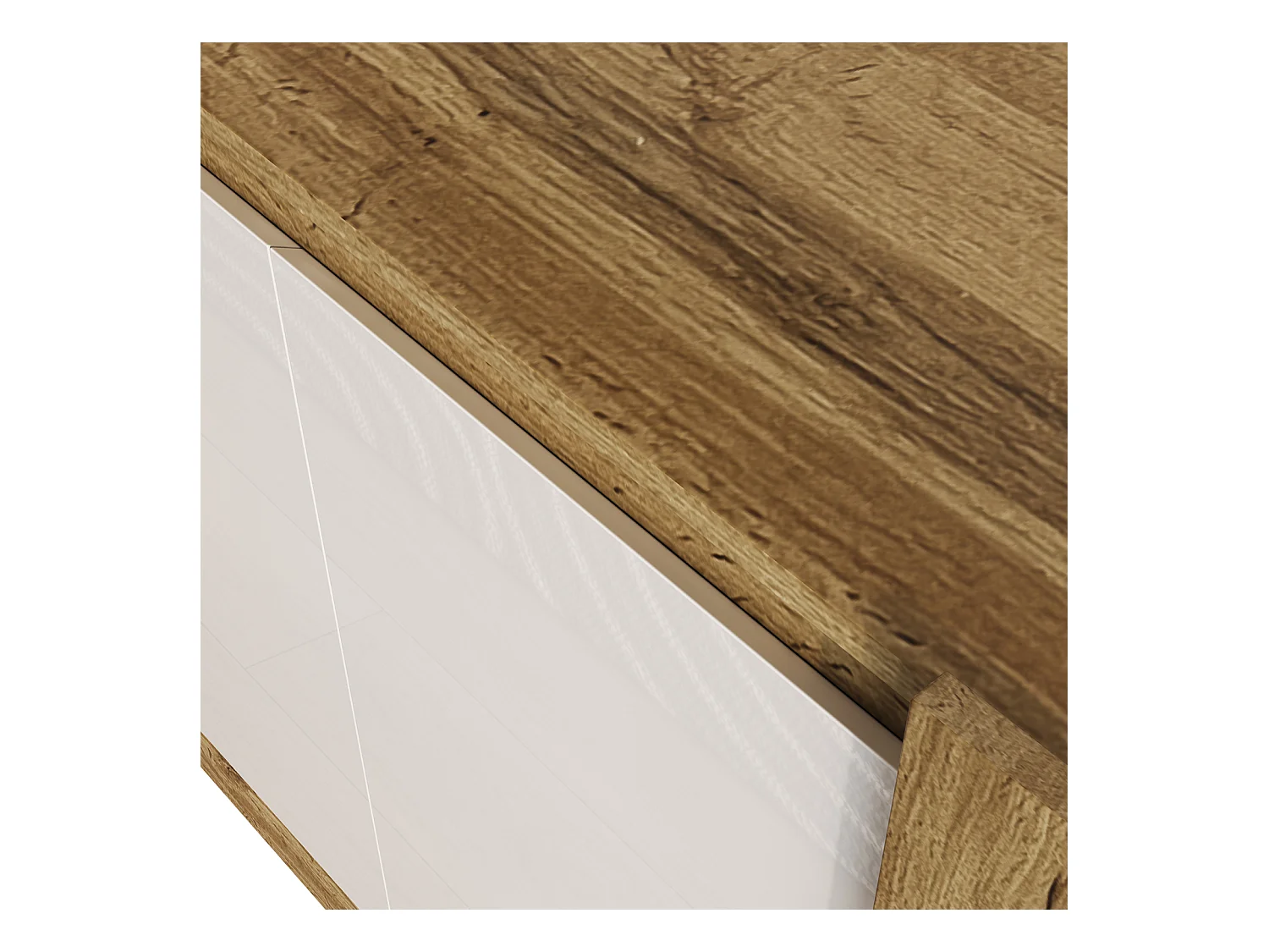 Buffet sans poignées blanc laqué et bois – charnières à fermeture douce et étagères réglables, élégant et pratique pour salon ou salle à manger