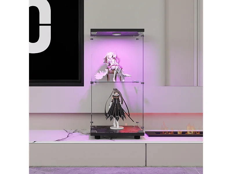 Vitrine en verre trempé à 2 niveaux avec porte, structure en métal noir et éclairage LED intégré – Design moderne et élégant