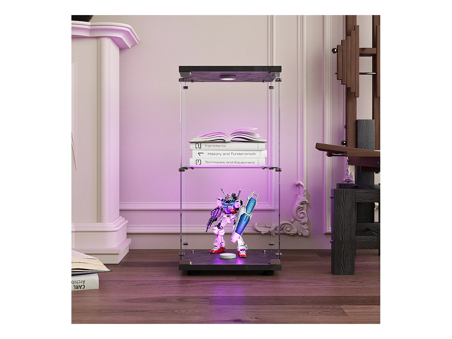 Vitrine en verre trempé à 2 niveaux avec porte, structure en métal noir et éclairage LED intégré – Design moderne et élégant