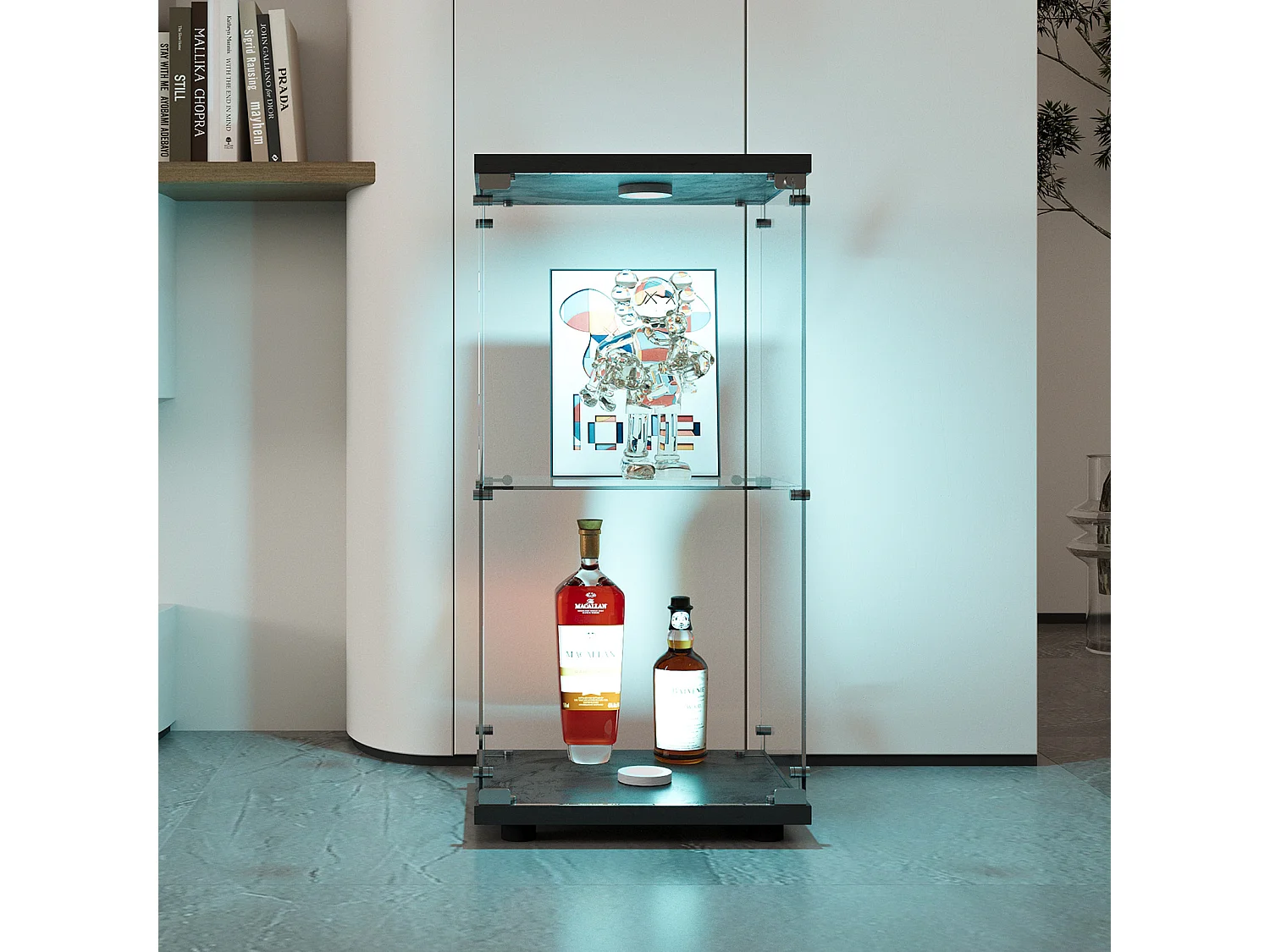 Vitrinekast van gehard glas met 2 niveaus, deur, zwart metalen frame en geïntegreerde ledverlichting - Modern en elegant design