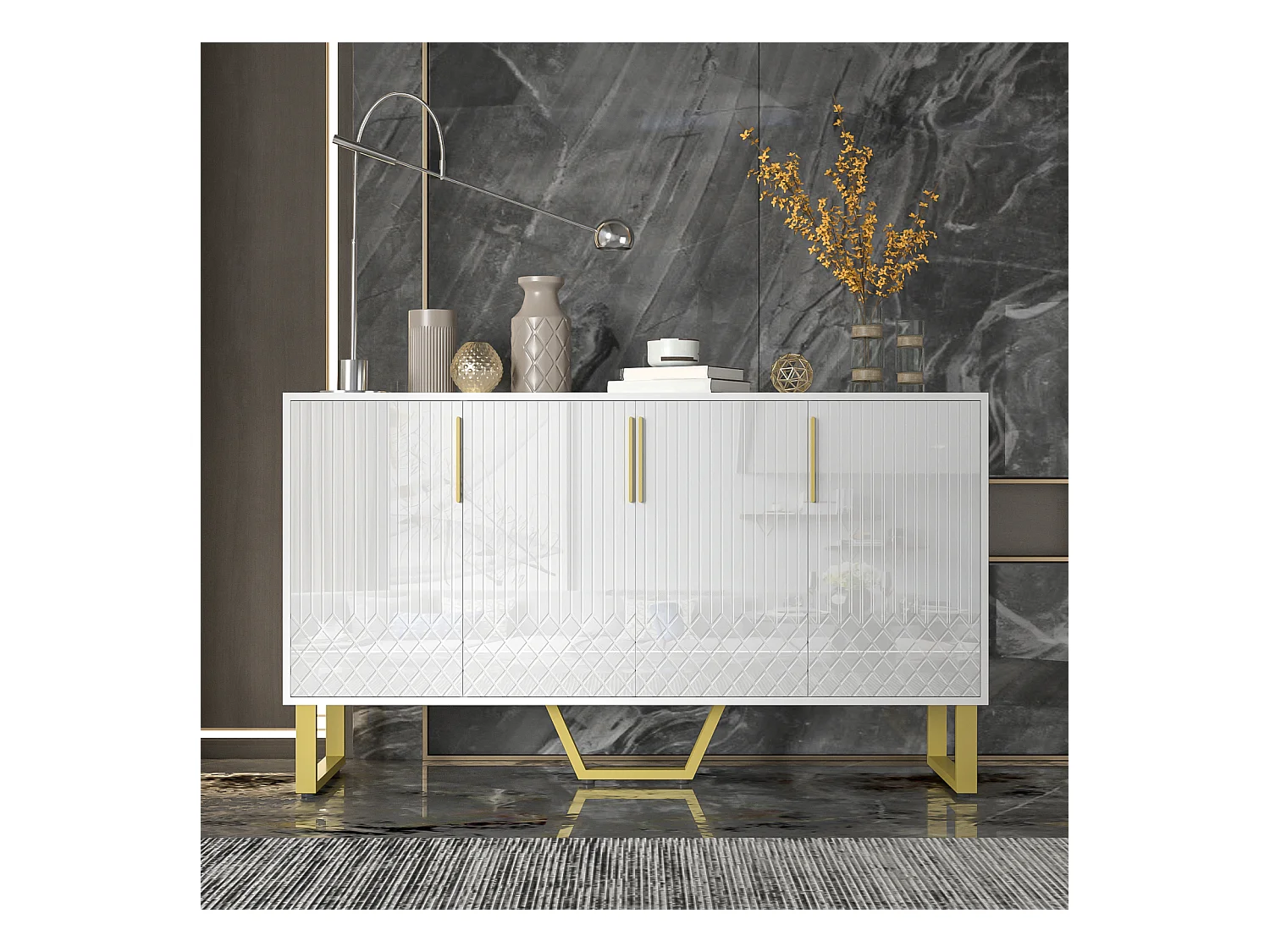 Buffet blanc brillant 140x40x80 cm, 4 portes, poignées et pieds métalliques, design géométrique, style moderne