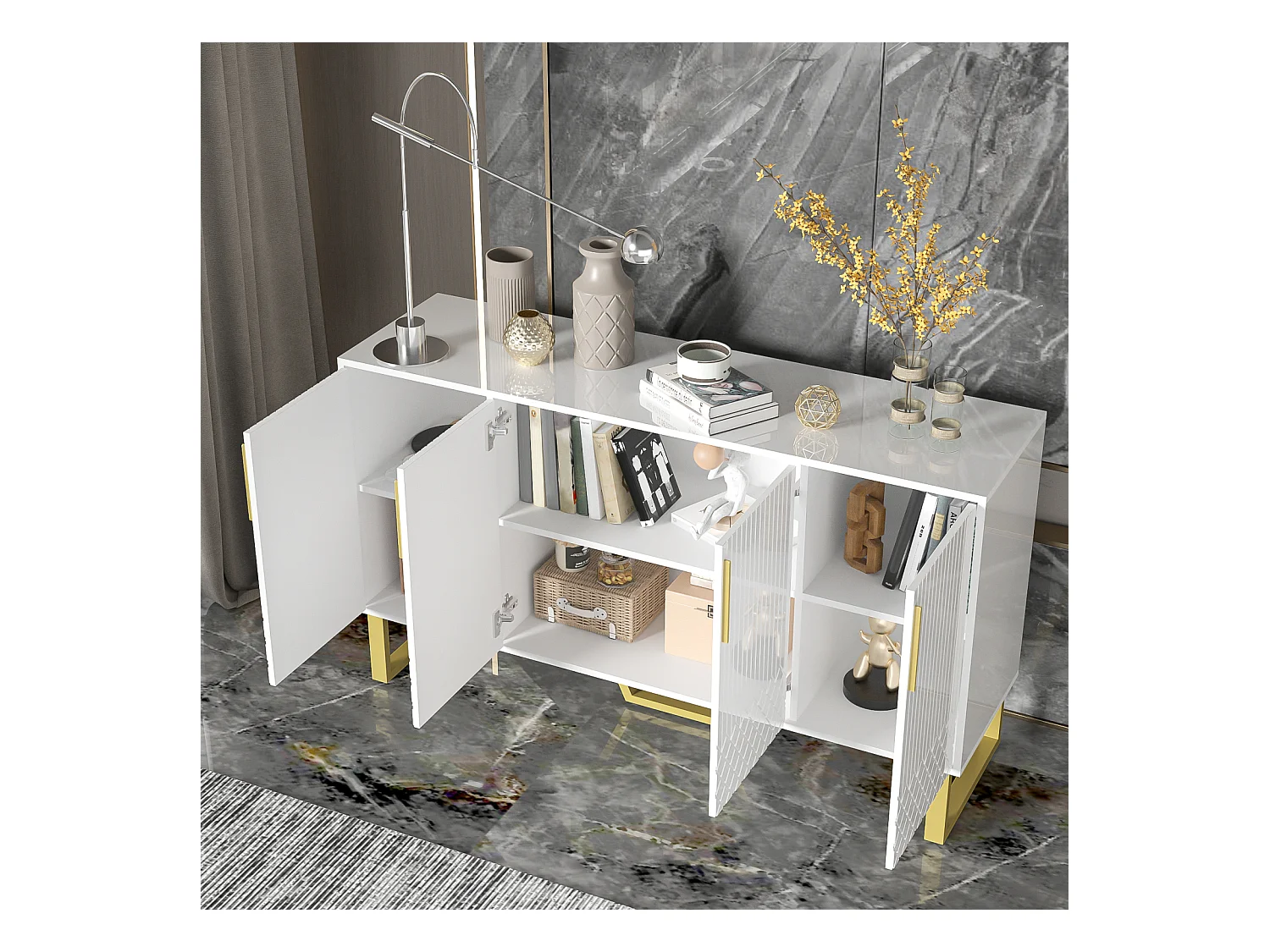 Buffet blanc brillant 140x40x80 cm, 4 portes, poignées et pieds métalliques, design géométrique, style moderne