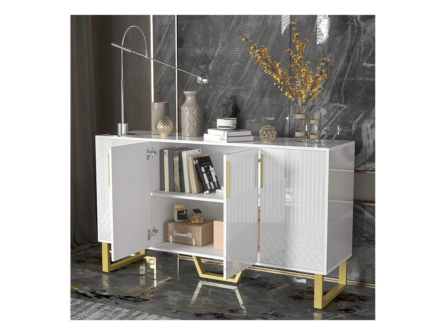 Buffet blanc brillant 140x40x80 cm, 4 portes, poignées et pieds métalliques, design géométrique, style moderne