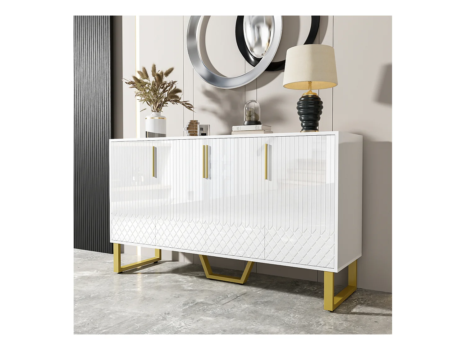Buffet blanc brillant 140x40x80 cm, 4 portes, poignées et pieds métalliques, design géométrique, style moderne