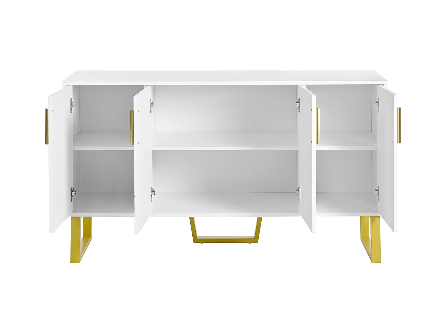 Buffet blanc brillant 140x40x80 cm, 4 portes, poignées et pieds métalliques, design géométrique, style moderne