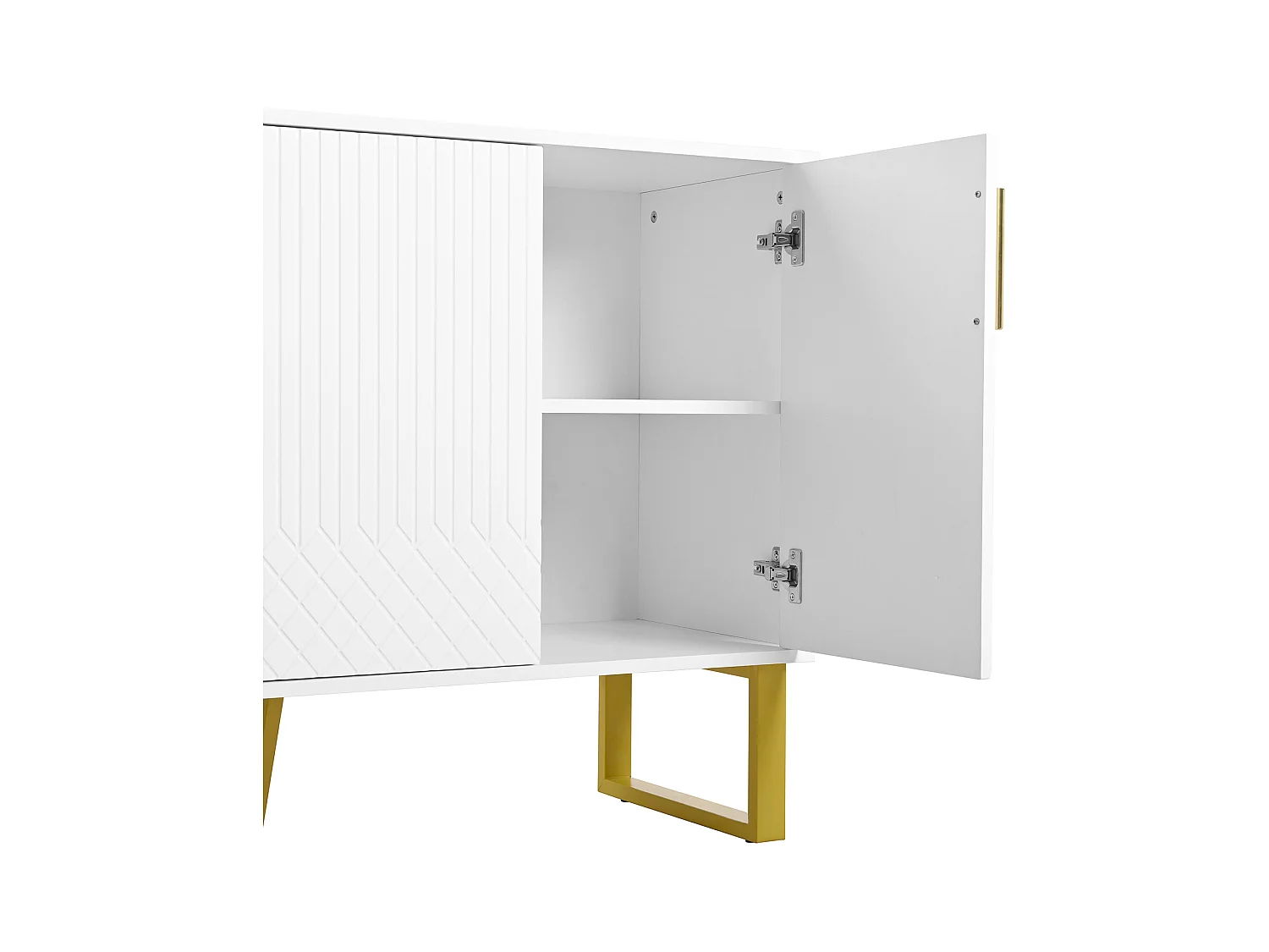 Buffet blanc brillant 140x40x80 cm, 4 portes, poignées et pieds métalliques, design géométrique, style moderne