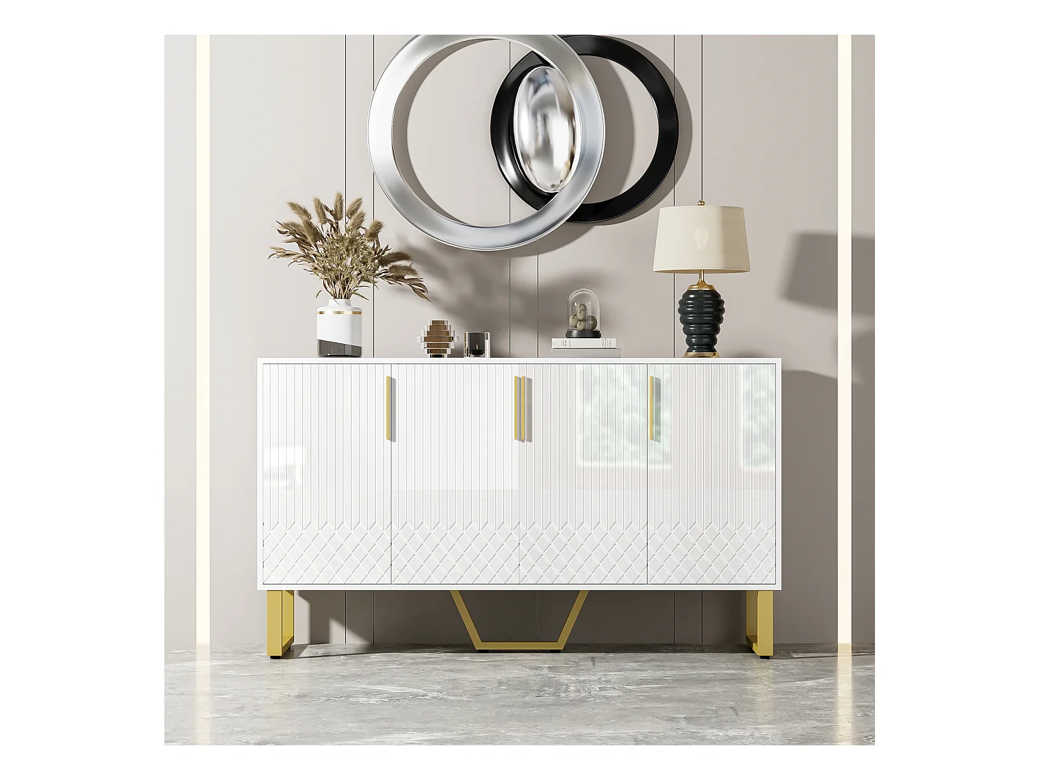 Buffet blanc brillant 140x40x80 cm, 4 portes, poignées et pieds métalliques, design géométrique, style moderne