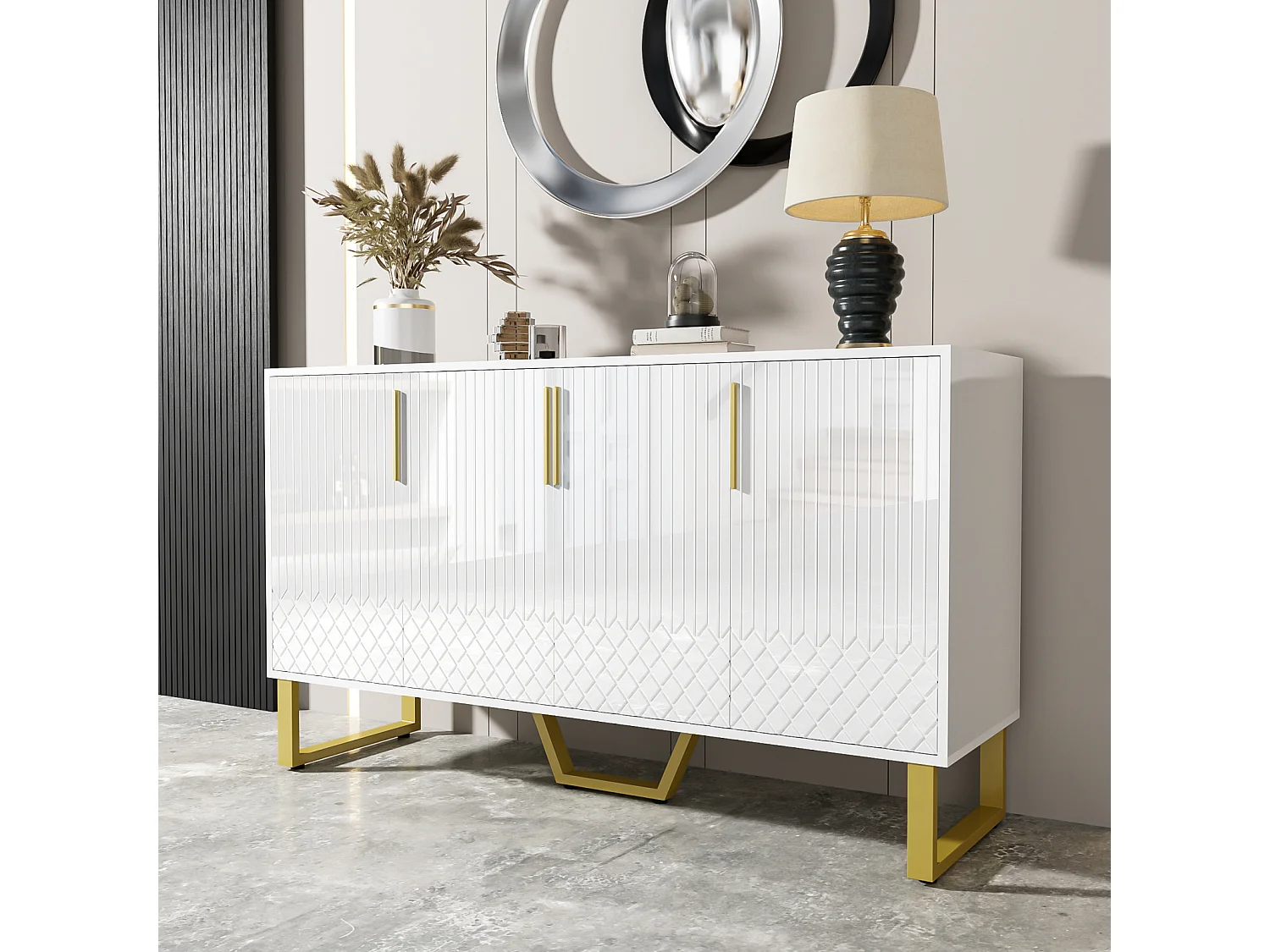 Aparador blanco brillo 140x40x80 cm, 4 puertas, tiradores y patas de metal, diseño geométrico, estilo moderno