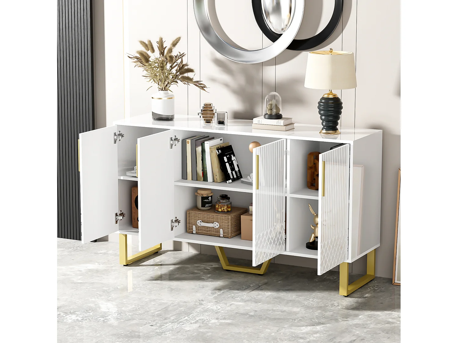 Aparador blanco brillo 140x40x80 cm, 4 puertas, tiradores y patas de metal, diseño geométrico, estilo moderno