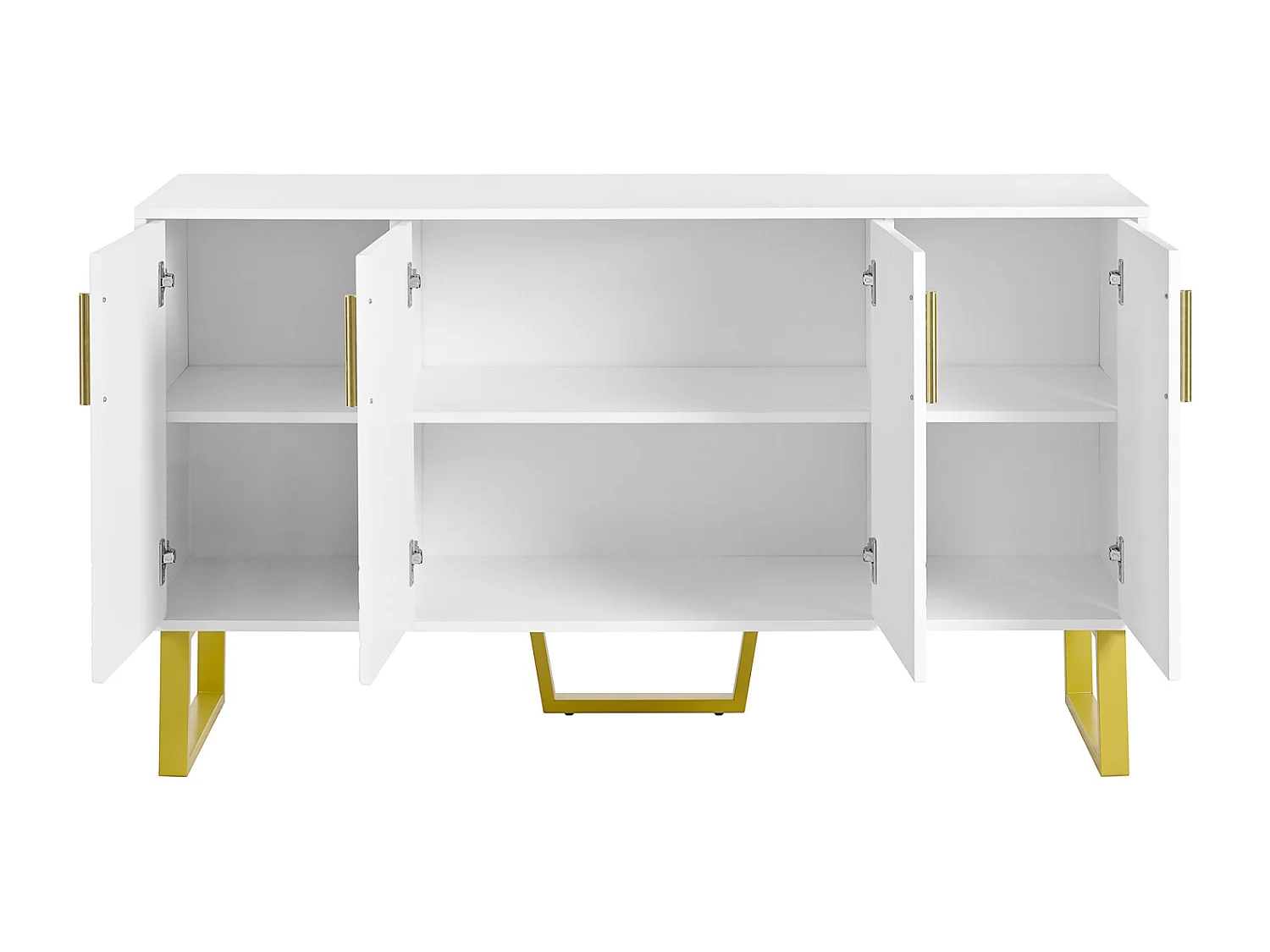 Aparador blanco brillo 140x40x80 cm, 4 puertas, tiradores y patas de metal, diseño geométrico, estilo moderno