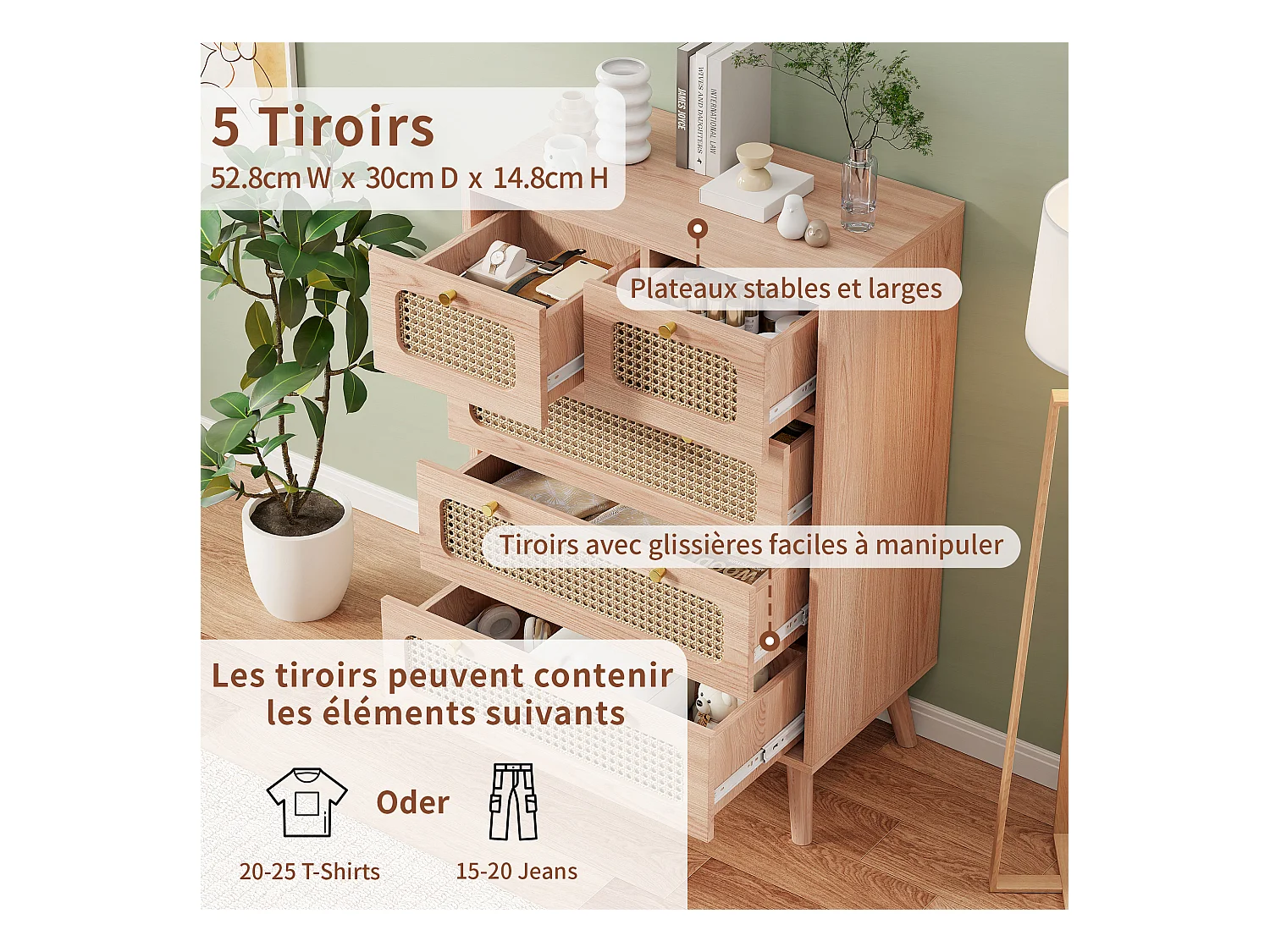 Commode 5 tiroirs en bois naturel avec façades en rotin tressé, cadre en bois massif