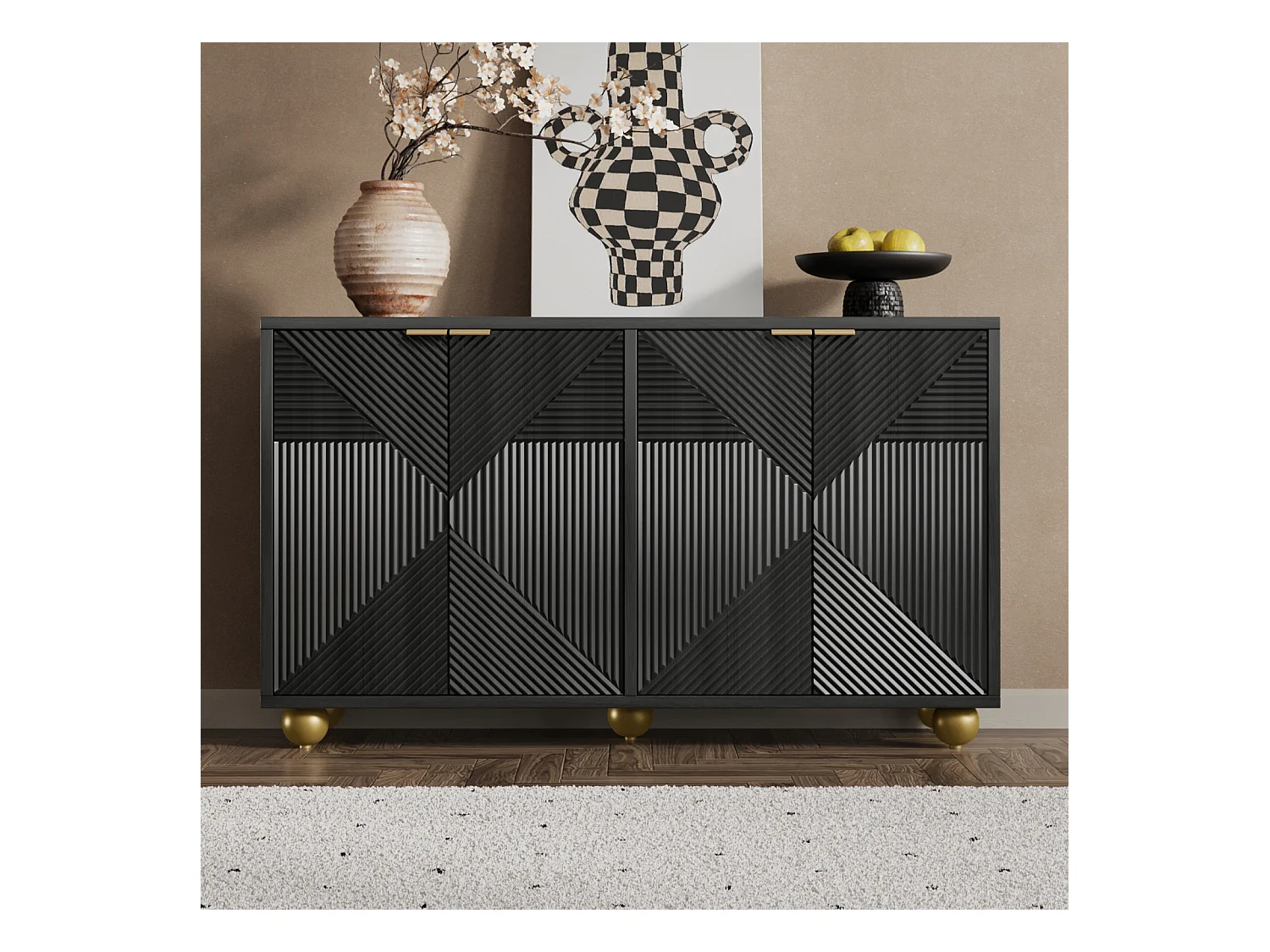 Buffet avec 4 portes sculptées – Étagères intérieures réglables, poignées en métal et pieds sphériques – Meuble design pour salon