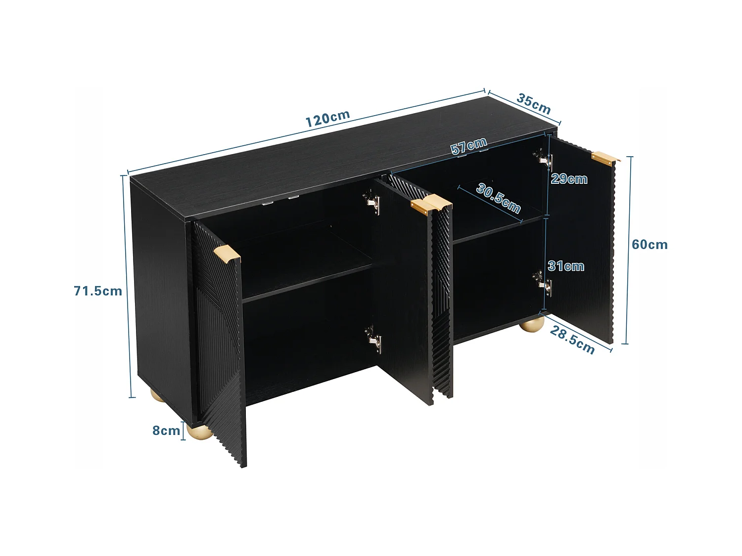 Buffet avec 4 portes sculptées – Étagères intérieures réglables, poignées en métal et pieds sphériques – Meuble design pour salon