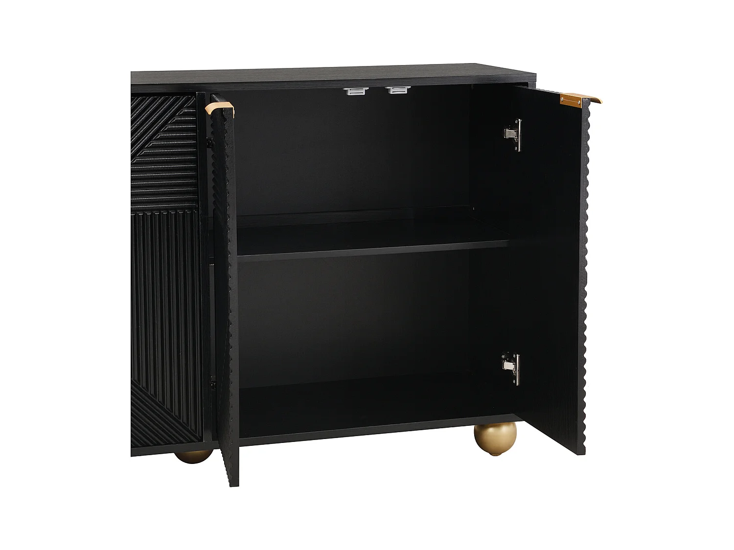 Buffet avec 4 portes sculptées – Étagères intérieures réglables, poignées en métal et pieds sphériques – Meuble design pour salon