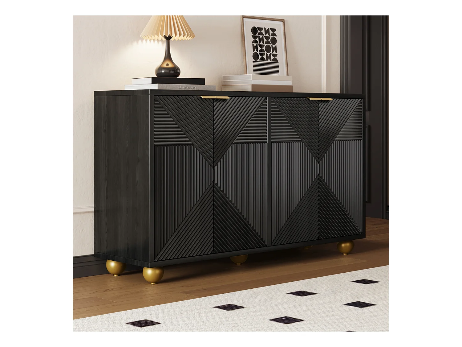 Buffet avec 4 portes sculptées – Étagères intérieures réglables, poignées en métal et pieds sphériques – Meuble design pour salon