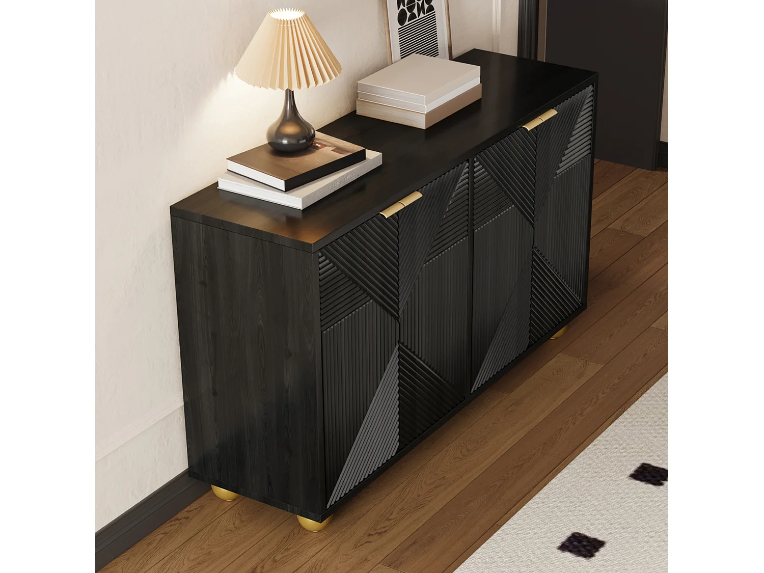 Dressoir met 4 gebeeldhouwde deuren – Verstelbare binnenplanken, metalen handgrepen en bolvormige poten – Designmeubel voor de woonkamer