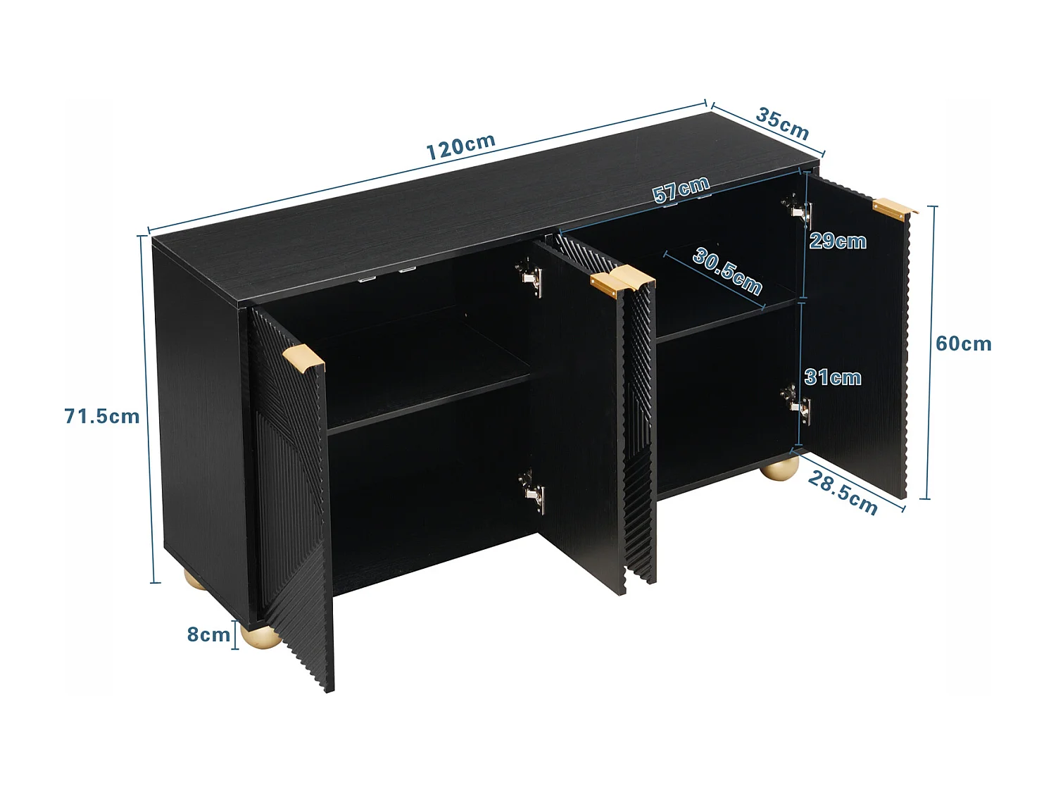 Dressoir met 4 gebeeldhouwde deuren – Verstelbare binnenplanken, metalen handgrepen en bolvormige poten – Designmeubel voor de woonkamer