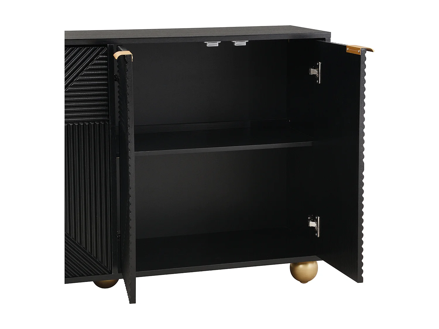 Dressoir met 4 gebeeldhouwde deuren – Verstelbare binnenplanken, metalen handgrepen en bolvormige poten – Designmeubel voor de woonkamer