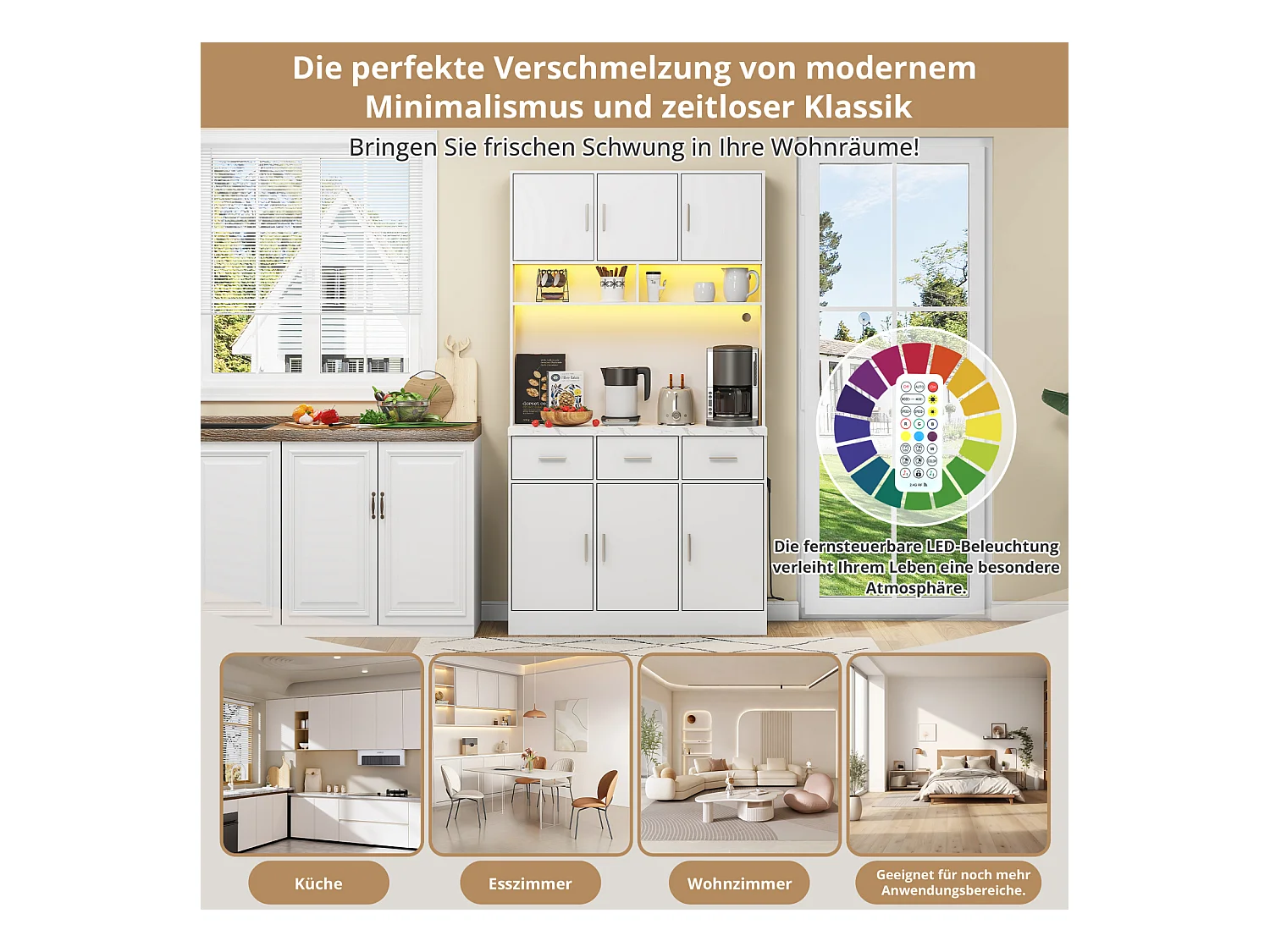 Buffet multifonction 100 x 40 x 180 cm avec LED et télécommande – Tiroirs, étagères réglables, passe-câbles et prises – Idéal pour cuisine et salle à manger