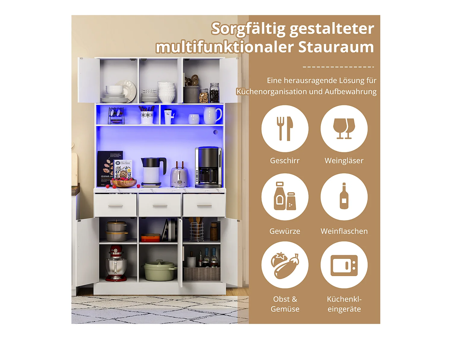 Buffet multifonction 100 x 40 x 180 cm avec LED et télécommande – Tiroirs, étagères réglables, passe-câbles et prises – Idéal pour cuisine et salle à manger