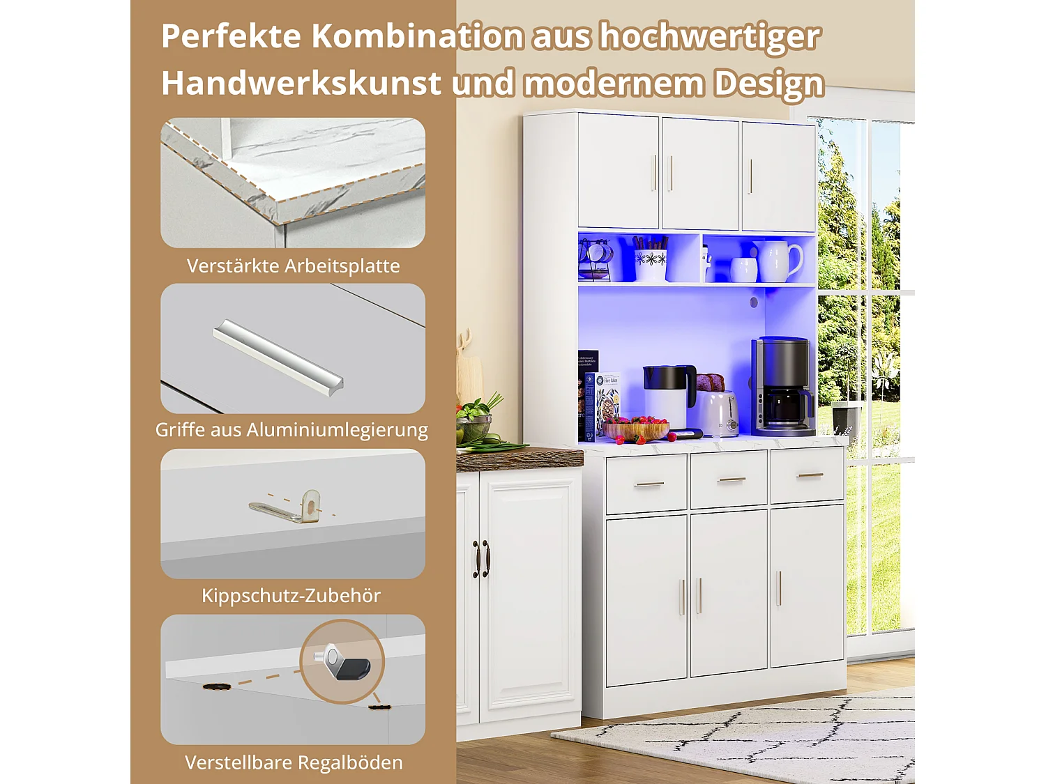 Buffet multifonction 100 x 40 x 180 cm avec LED et télécommande – Tiroirs, étagères réglables, passe-câbles et prises – Idéal pour cuisine et salle à manger