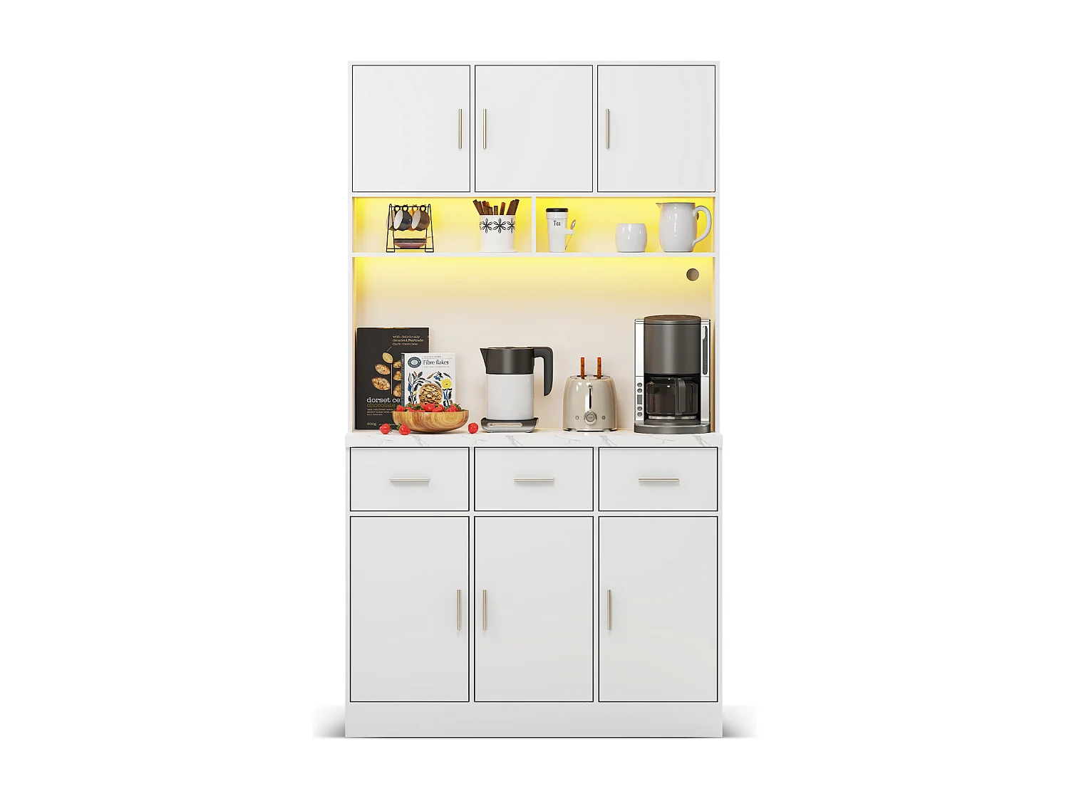 Buffet multifonction 100 x 40 x 180 cm avec LED et télécommande – Tiroirs, étagères réglables, passe-câbles et prises – Idéal pour cuisine et salle à manger