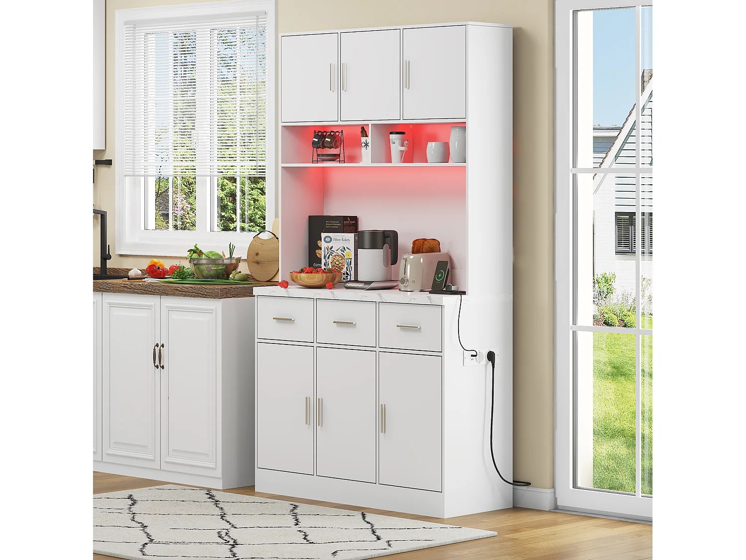 Buffet multifonction 100 x 40 x 180 cm avec LED et télécommande – Tiroirs, étagères réglables, passe-câbles et prises – Idéal pour cuisine et salle à manger