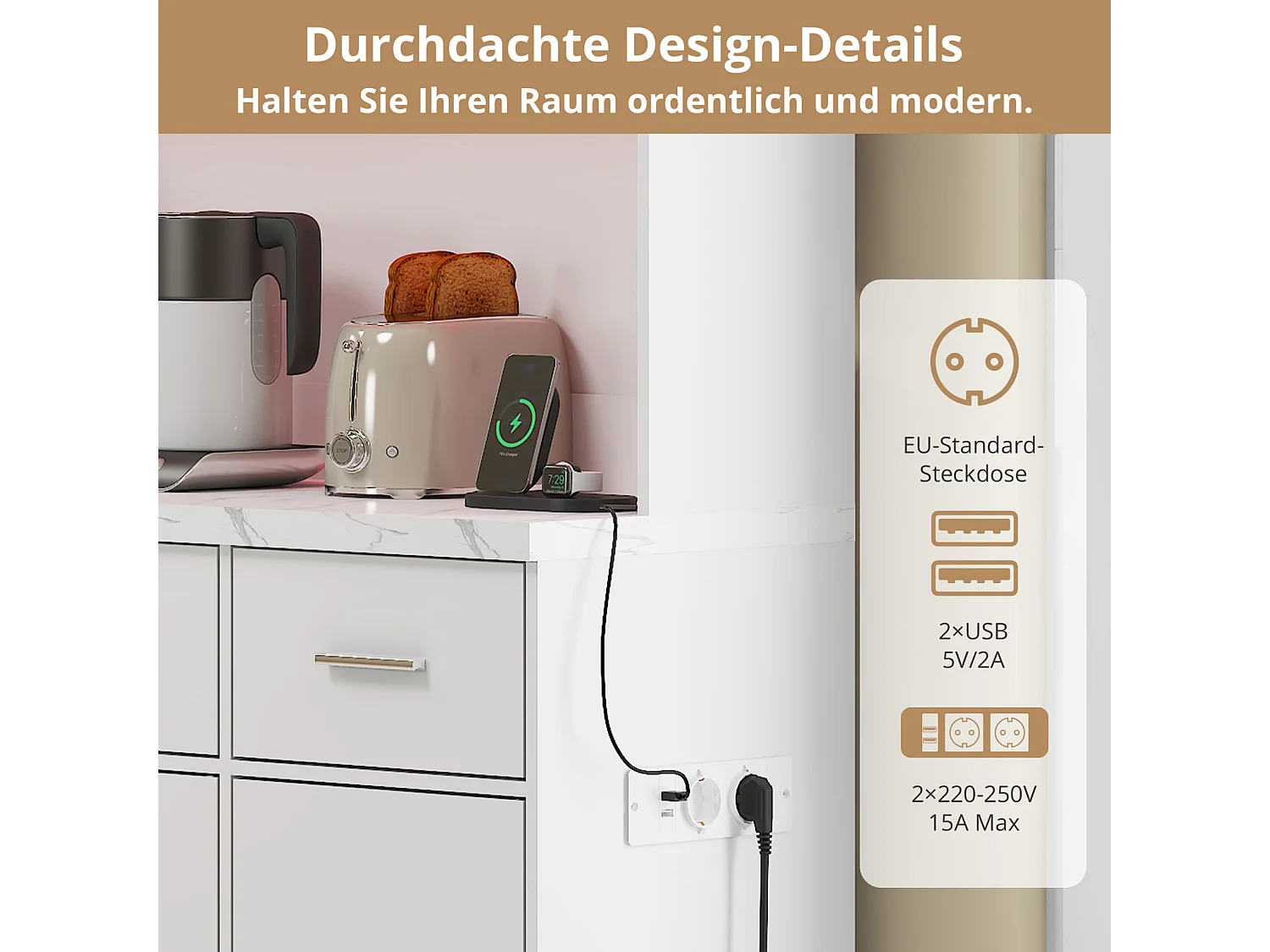 Buffet multifonction 100 x 40 x 180 cm avec LED et télécommande – Tiroirs, étagères réglables, passe-câbles et prises – Idéal pour cuisine et salle à manger