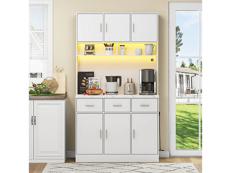 Aparador multifuncional 100x40x180 cm con LED y mando a distancia - Cajones, estantes regulables, pasacables y enchufes - Ideal para cocina y comedor