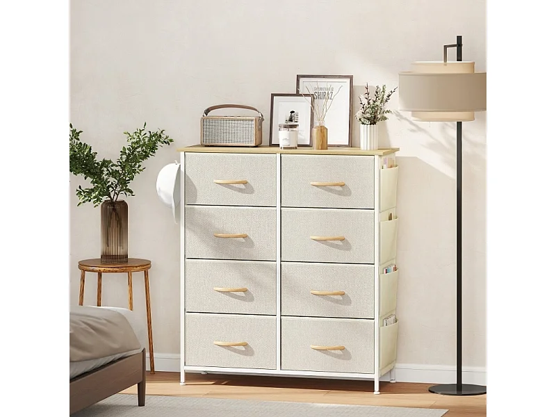 Commode de chambre avec 8 tiroirs en tissu, structure en acier et surface en bois – 4 sacs de rangement, 2 crochets – Beige