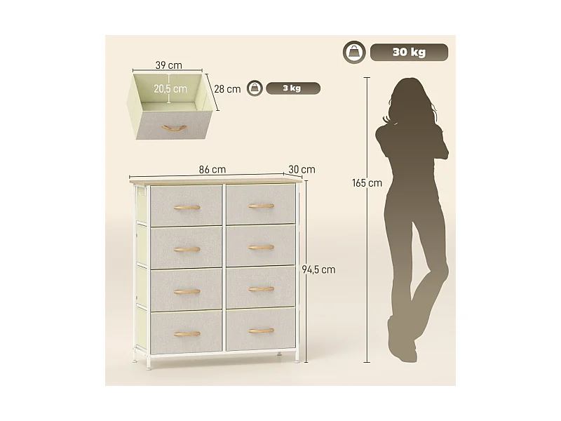Commode de chambre avec 8 tiroirs en tissu, structure en acier et surface en bois – 4 sacs de rangement, 2 crochets – Beige