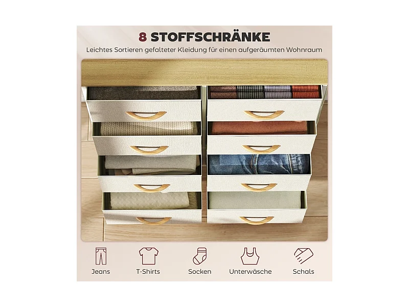 Commode de chambre avec 8 tiroirs en tissu, structure en acier et surface en bois – 4 sacs de rangement, 2 crochets – Beige