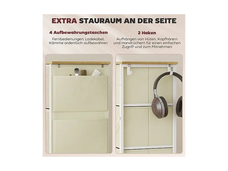 Commode de chambre avec 8 tiroirs en tissu, structure en acier et surface en bois – 4 sacs de rangement, 2 crochets – Beige