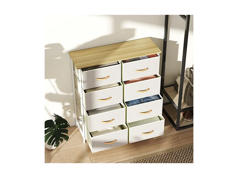 Commode de chambre avec 8 tiroirs en tissu, structure en acier et surface en bois – 4 sacs de rangement, 2 crochets – Beige