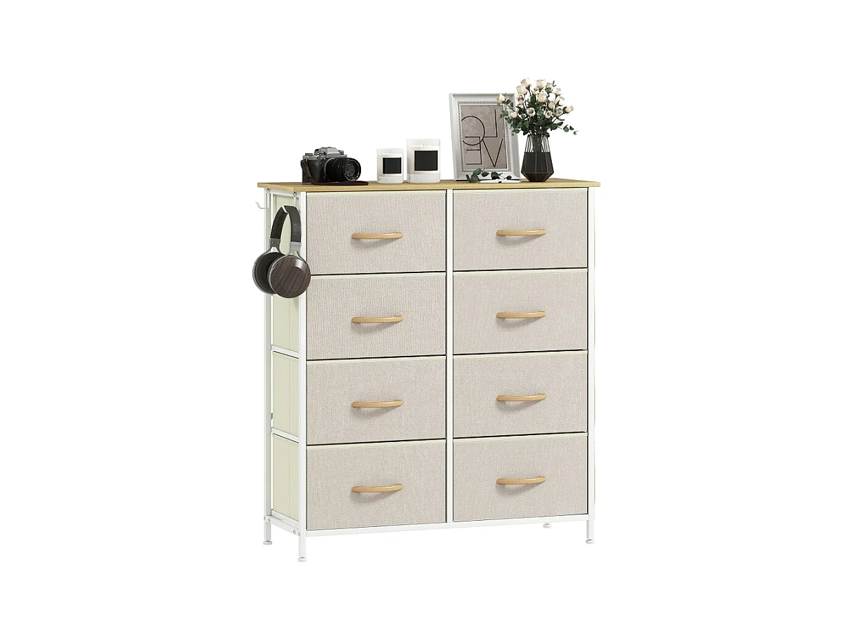 Commode de chambre avec 8 tiroirs en tissu, structure en acier et surface en bois – 4 sacs de rangement, 2 crochets – Beige