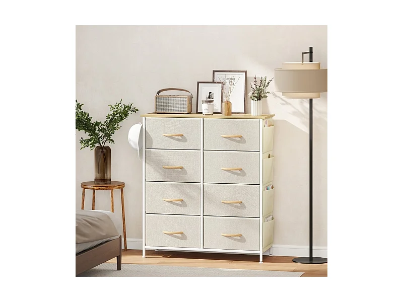 Slaapkamerladekast met 8 stoffen lades, stalen frame en houten blad - 4 opbergzakken, 2 haken - Beige