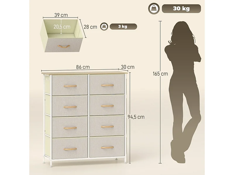 Slaapkamerladekast met 8 stoffen lades, stalen frame en houten blad - 4 opbergzakken, 2 haken - Beige