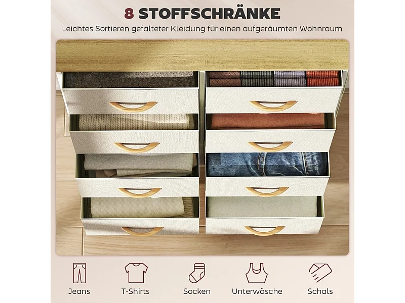 Slaapkamerladekast met 8 stoffen lades, stalen frame en houten blad - 4 opbergzakken, 2 haken - Beige