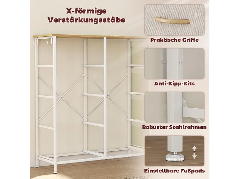 Slaapkamerladekast met 8 stoffen lades, stalen frame en houten blad - 4 opbergzakken, 2 haken - Beige