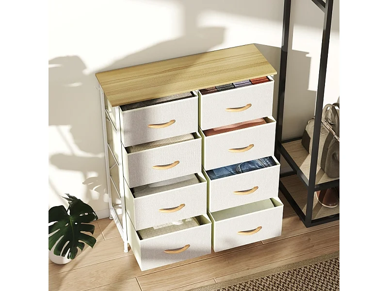 Slaapkamerladekast met 8 stoffen lades, stalen frame en houten blad - 4 opbergzakken, 2 haken - Beige