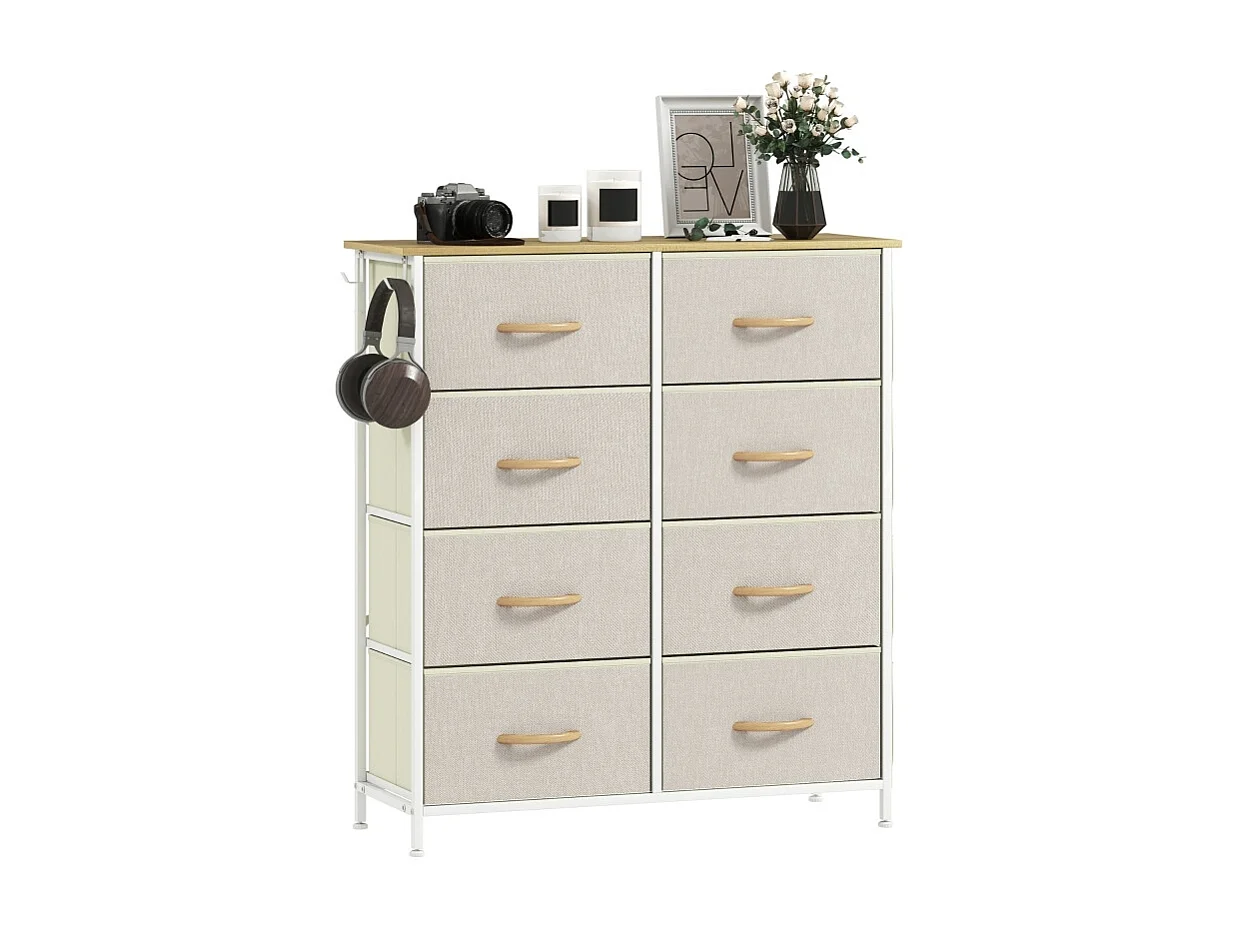 Slaapkamerladekast met 8 stoffen lades, stalen frame en houten blad - 4 opbergzakken, 2 haken - Beige