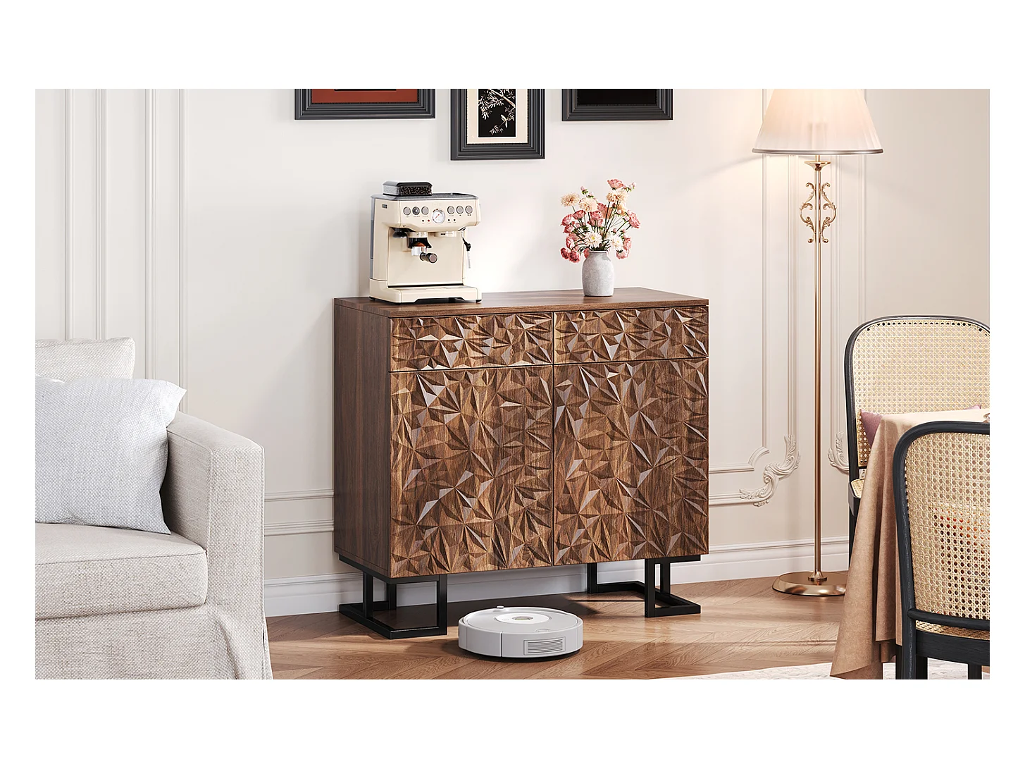 Buffet 80×40×78 cm série en noyer foncé avec relief feuilles, pieds métal, 2 tiroirs et 2 portes – Sans poignées, idéal salon et salle à manger