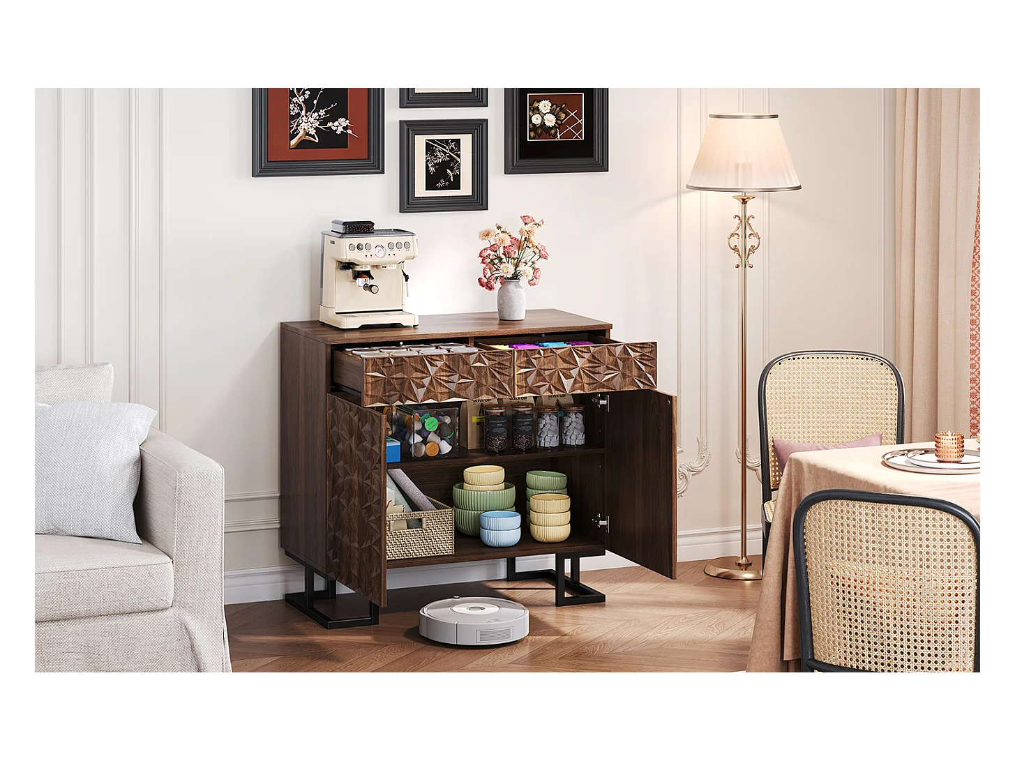 Buffet 80×40×78 cm série en noyer foncé avec relief feuilles, pieds métal, 2 tiroirs et 2 portes – Sans poignées, idéal salon et salle à manger