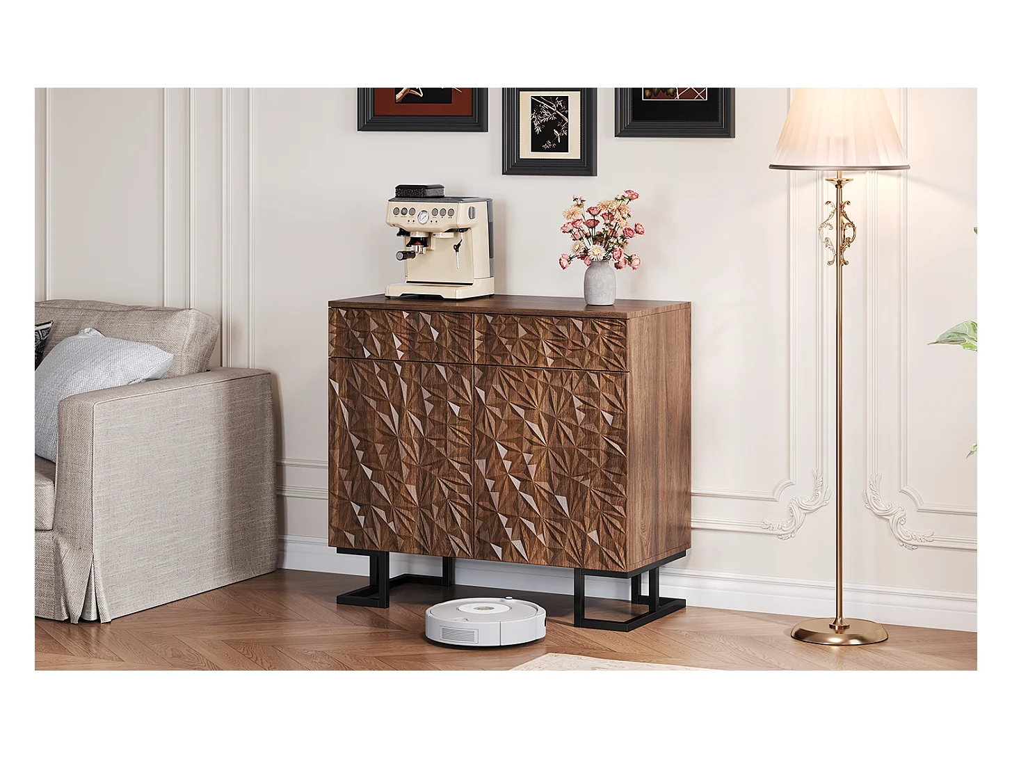 Buffet 80×40×78 cm série en noyer foncé avec relief feuilles, pieds métal, 2 tiroirs et 2 portes – Sans poignées, idéal salon et salle à manger