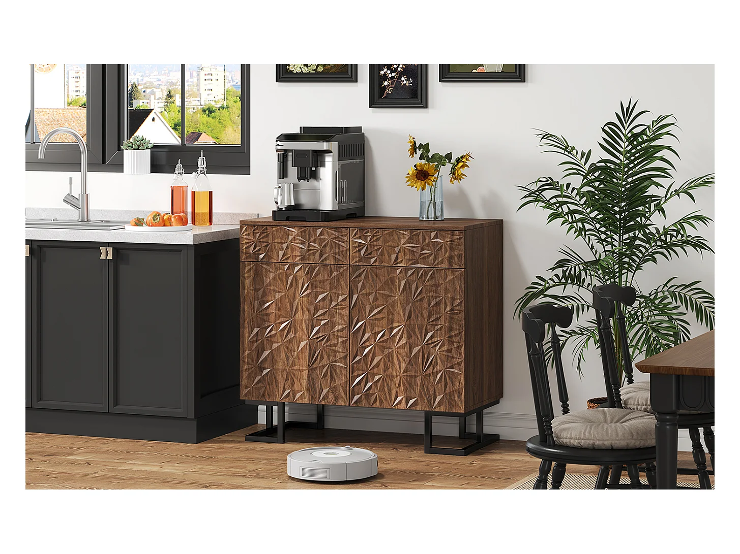 Buffet 80×40×78 cm série en noyer foncé avec relief feuilles, pieds métal, 2 tiroirs et 2 portes – Sans poignées, idéal salon et salle à manger