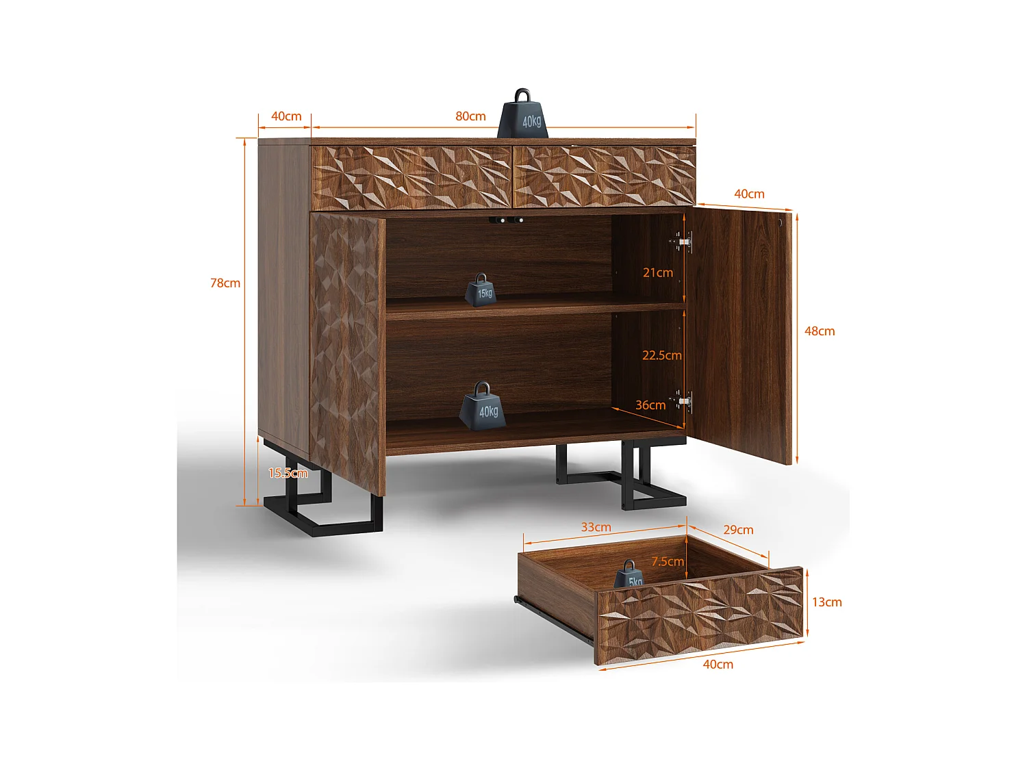 Buffet 80×40×78 cm série en noyer foncé avec relief feuilles, pieds métal, 2 tiroirs et 2 portes – Sans poignées, idéal salon et salle à manger